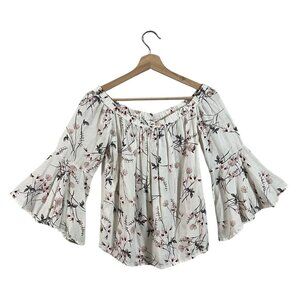 Lucky Brand Blouse Size XS Off Shoulder 7WD40944 Cream Floral Bell Sleeve Gauze